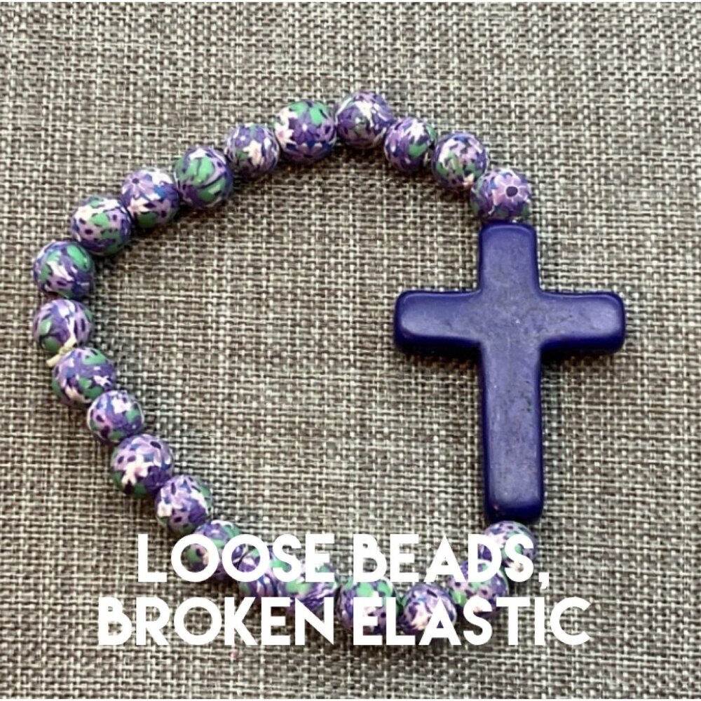 AS IS DIY Loose Beads For Bracelet Purple Cross Green Floral Polymer Clay BoHo
